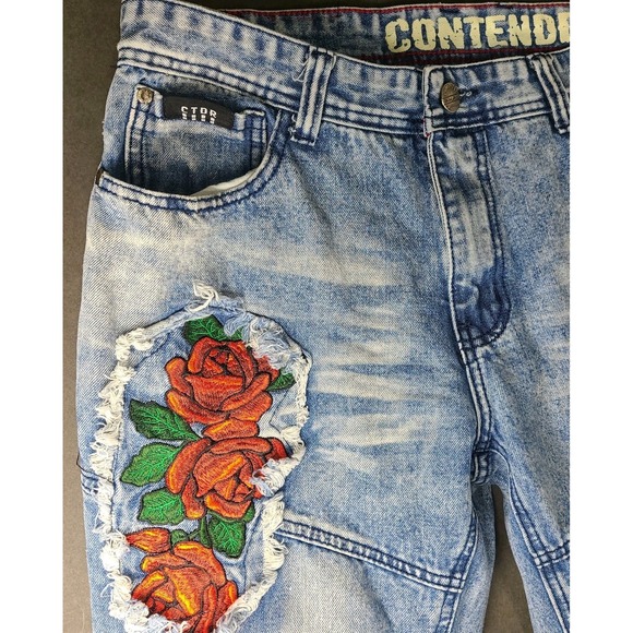 Contender Jeans Men's 34x34 Blue Distressed Embroidered Rose Patch Denim EUC - Picture 5 of 10